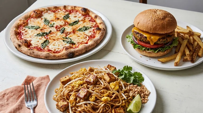 Cheese pizza, veggie burger and pad thai